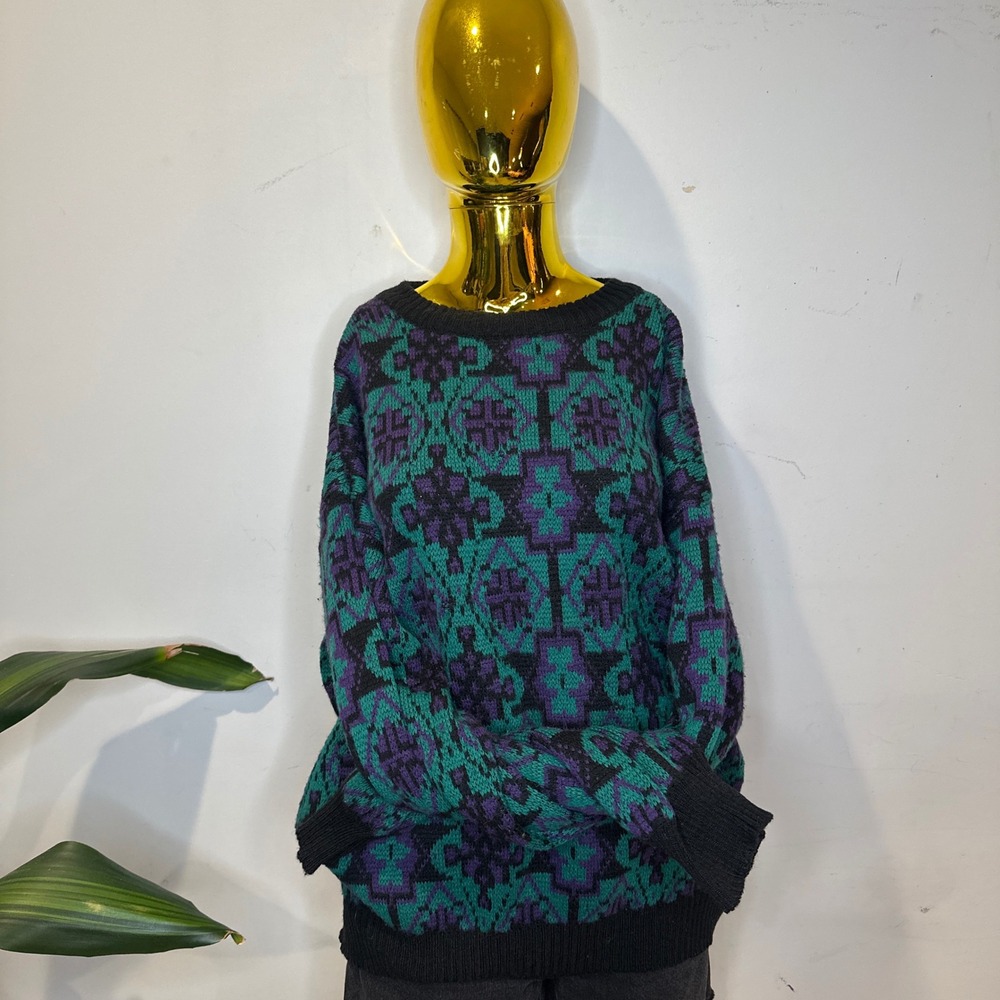 Vintage 80s Knit Wool Geometric Jacquard Sweater Made in Italy Teal Purple XL